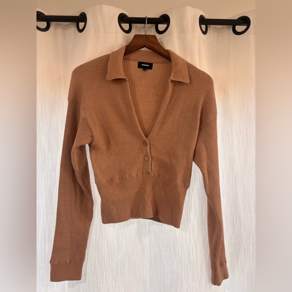 Monrow Brown Ribbed Cardigan Sweater